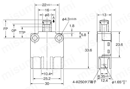 ドア用電源スイッチ【D2D】 ねじ取つけ:形D2D-1000/D2D-1001/D2D-1002外形図