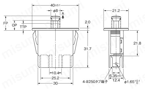 ドア用電源スイッチ【D2D】 パネルマウント:形D2D-1100/D2D-1101/D2D-1102外形図