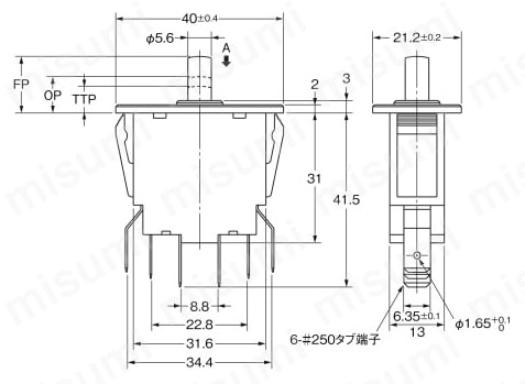 ドア用電源スイッチ【D2D】 パネルマウント:形D2D-3103外形図
