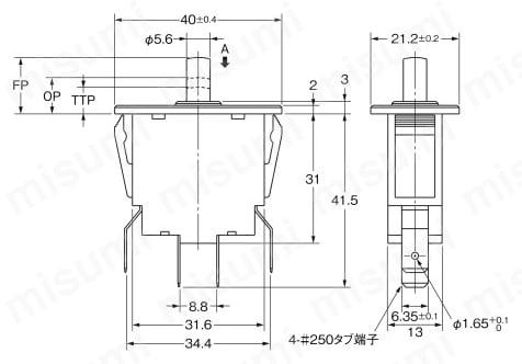 ドア用電源スイッチ【D2D】 パネルマウント:形D2D-3104外形図