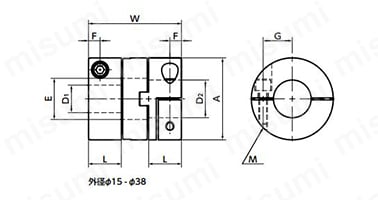 フレキシブルカップリングの形状図 φ15～38（ 外径15～38mm ）