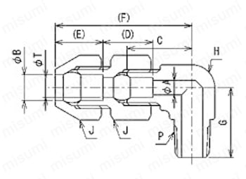 コントロール銅管用ダブルナットタイプ継手 メールエルボコネクター（テーパーネジタイプ） 外形図01