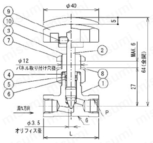 SUS316 ステンレス製バルブ ミニチュアバルブ（低圧ニードルバルブ） SNV-Lタイプ 外形図