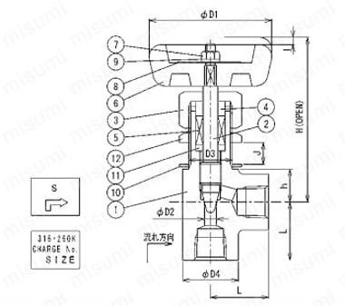 SUS316 ステンレス製高圧ニードルバルブ（アングルねじ込みタイプ） SNVETタイプ Alt:外形図01