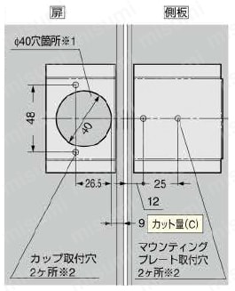LAMP スライドヒンジ 厚扉用 H160 160°開き 18mmかぶせ 取付穴加工図