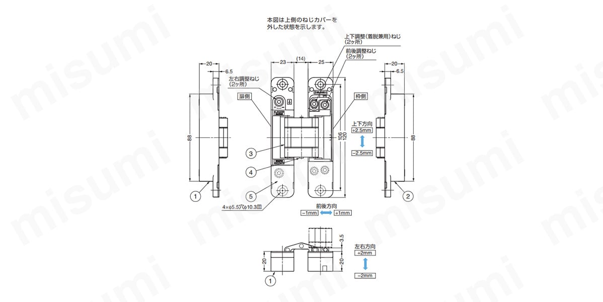 三次元調整機能付隠し蝶番 HES3D-120型 | スガツネ工業 | MISUMI 三次元調整機能付隠し蝶番 HES3D-120型 | スガツネ工業 | MISUMI