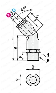 ワンタッチ継手 45°エルボ 外形図