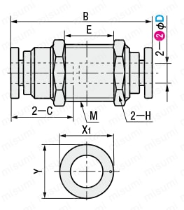 ワンタッチ継手 バルクヘッドユニオン 外形図