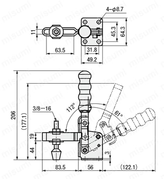 トグルクランプ －ハンドル立型－ U型アーム（フランジベース） GH-12265/GH-12265-SS 外形図
