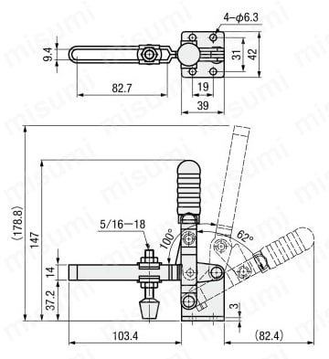 トグルクランプ －ハンドル立型－ U型ロングアーム（フランジベース）  GH-101-E 外形図