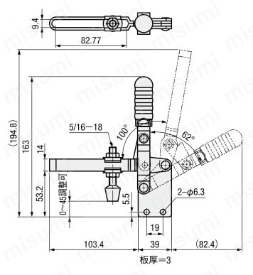 トグルクランプ －ハンドル立型－ U型アームロング（ストレースベース） GH-101-EI 外形図