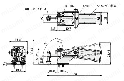 エアクランプ －ハンドル立型－ 主軸固定アーム（フランジベース） GH-12050-A 外形図