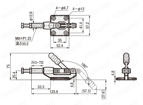 トグルクランプ －押引型－ フランジベース ストローク32mm 傾斜アーム GH-304-CM外形図