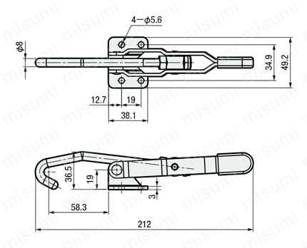 トグルクランプ －引っ張り型－ フランジベース J型フック GH-451/GH-451-SS 外形図