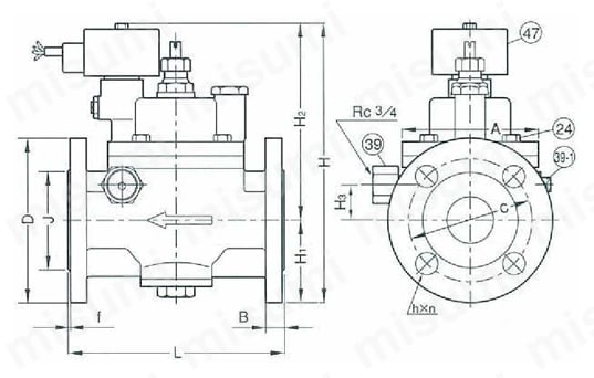 FMユニットバルブS-2型（通電開） 外形図