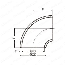 ステンレス製突合せ溶接式管継手 90°エルボ（ショート） SUS304 S40 外形図