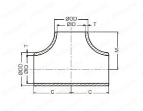 ステンレス製突合せ溶接式管継手 同径チ－ズ SUS304 S40 外形図