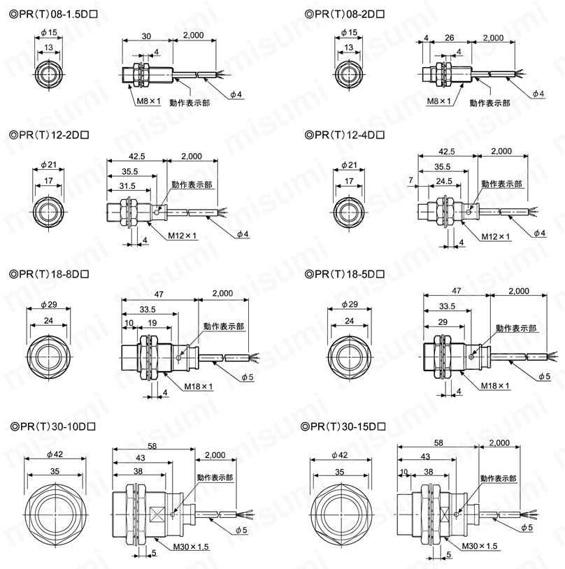 円柱一般型近接センサ 直流3線式　PRタイプ外形図