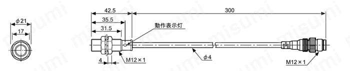 円柱配線引出コネクタ型近接センサ 直流2線式 外形図2