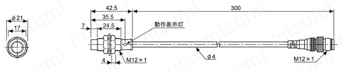 円柱配線引出コネクタ型近接センサ 直流2線式 外形図3