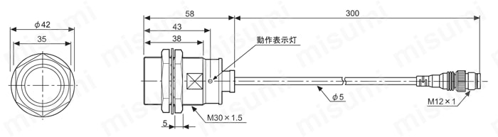 円柱配線引出コネクタ型近接センサ 直流2線式 外形図6