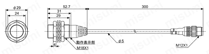 円柱配線引出コネクタ型近接センサ 直流2線式 外形図8