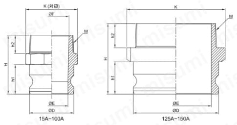 ブロンズ製レバーカップリング オスネジ型アダプター OZ-F 外形図