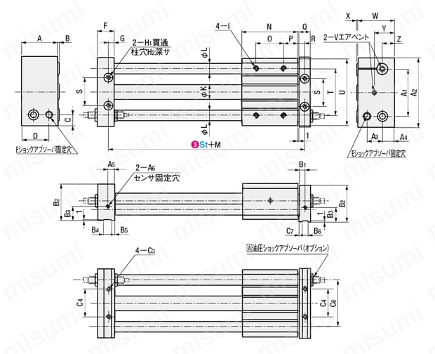 磁石式ロッドレスシリンダ CRLMシリーズ 外形図