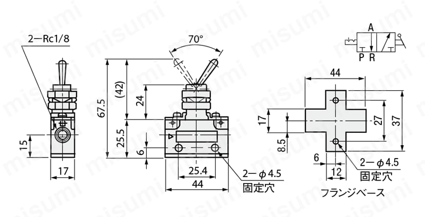 手動弁 VLM15シリーズ タッチタイプ（横向配管/フランジベース付） 外形図