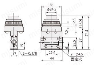 手動弁 VLM15シリーズ 丸ノーズボタンタイプ（横向配管／フランジベース付） 外形図