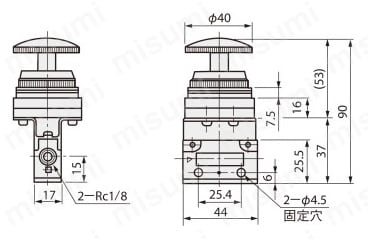 手動弁 VLM15シリーズ インターロックボタンタイプ（横向配管／スタンダードタイプ） 外形図