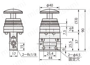 手動弁 VLM15シリーズ インターロックボタンタイプ（横向配管／フランジベース付） 外形図