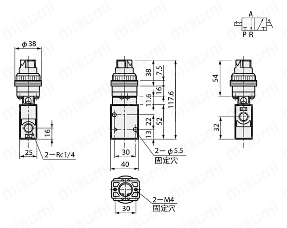 手動弁 VLM20シリーズ セレクトボタンタイプ 外形図1