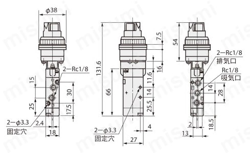 手動弁 VLM23シリーズ セレクトボタンタイプ 外形図