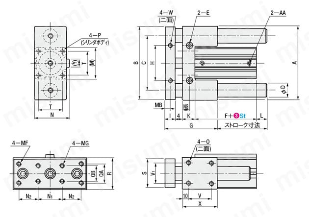 ブロック治具シリンダ JCBシリーズ 外形図