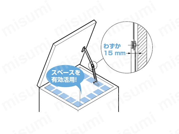 取付面からのステーのディスク面までの距離がわずか15mmと薄いため、内部のデッドスペースが少なく有効に活用可能。