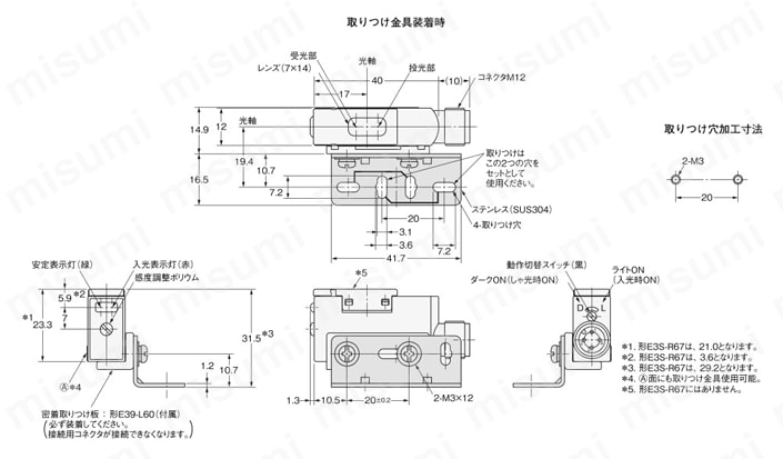 E3S-RS30E4 2M 透明体検知用光電センサ【E3S-R】 オムロン MISUMI(ミスミ)