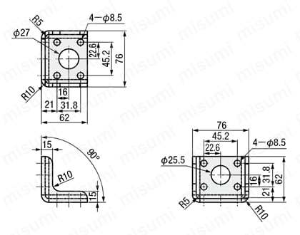 フランジベース 補助用固定ベース GH-36225M 外形図