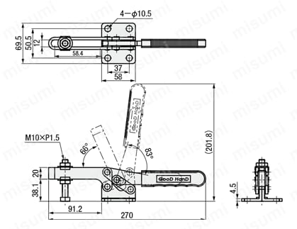トグルクランプ －水平型－ U型アーム（フランジベース） GH-21384 外形図