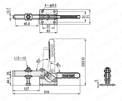 トグルクランプ －水平型－ U型ロングアーム（フランジベース） GH-204-GBL 外形図