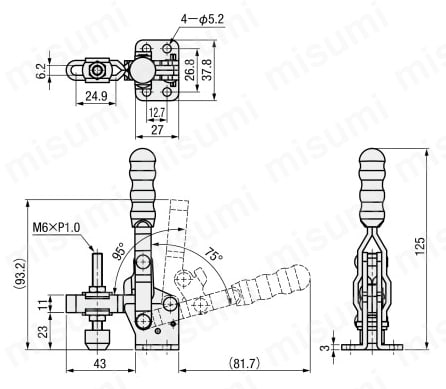 トグルクランプ －ハンドル立型－ U型アーム（フランジベース）  GH-11502-B 外形図