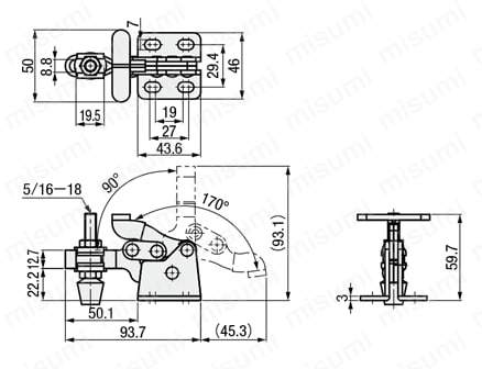 トグルクランプ －ハンドル立型－ U型アーム（フランジベース） GH-13007 外形図