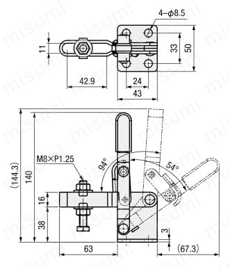 トグルクランプ ハンドル立型 U型アーム（フランジベース） GH-11421/GH11421-SS 外形図