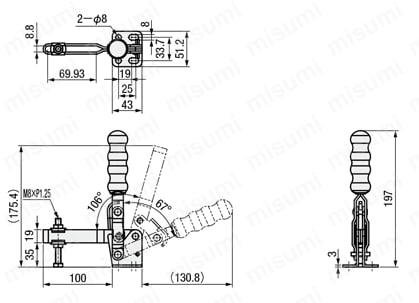 トグルクランプ －ハンドル立型－ U型アーム（フランジベース） GH-13002-B 外形図