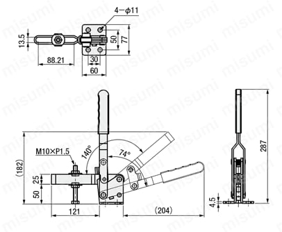 トグルクランプ －ハンドル立型－ U型アーム（フランジベース） GH-14412 外形図