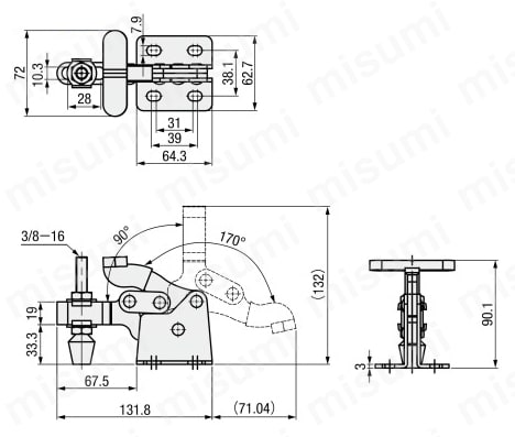 トグルクランプ －ハンドル立型－ U型アーム（フランジベース） T型ハンドル GH-13008 外形図
