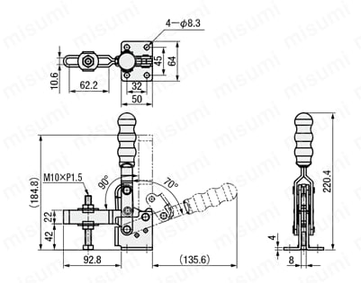 トグルクランプ －ハンドル立型－ U型アーム（フランジベース） GH-13502-B 外形図