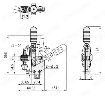 トグルクランプ －ハンドル立型－ U型アーム（ストレースベース） GH-12055-U 外形図