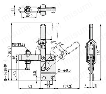 トグルクランプ －ハンドル立型－ U型アーム（ストレースベース） GH-12421 外形図