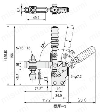 トグルクランプ －ハンドル立型－ U型アーム（ストレースベース） GH-12135 外形図